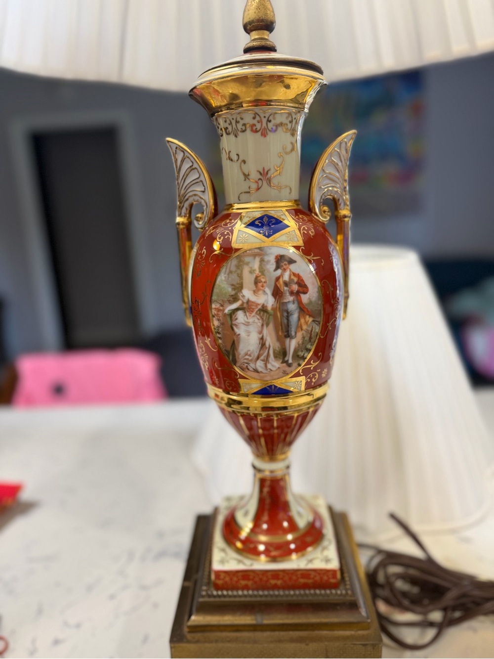 Pair Of Antique French Sevres Porcelain & Bronze Table Lamps, 32". Pair 24k Gold - Picture 2 of 16